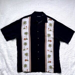Pierre Cardin Button Down Short Sleeve Shirt Men Black Tropical Palm Tree- XL